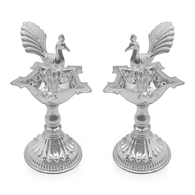 MAA SILVER MAA SILVER Pure Silver Pack of 2 Diya Samai with Peacock at Centre Unique Design BIS Hallmarked Perfect for Gifting and Pooja Use 925 Purity60 Grams Silver  - Image 1