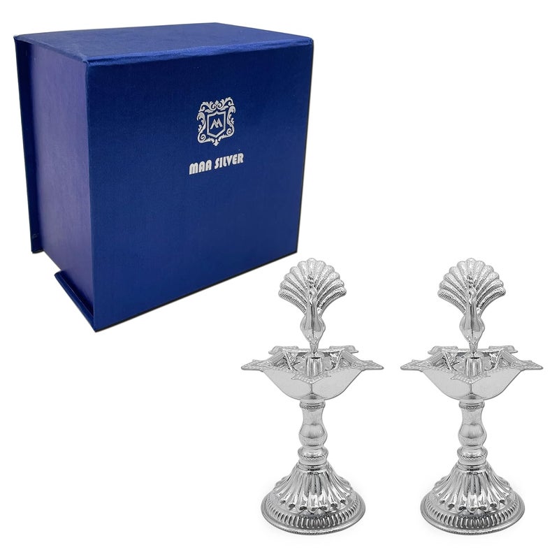 MAA SILVER MAA SILVER Pure Silver Pack of 2 Diya Samai with Peacock at Centre Unique Design BIS Hallmarked Perfect for Gifting and Pooja Use 925 Purity60 Grams Silver  - Image 4