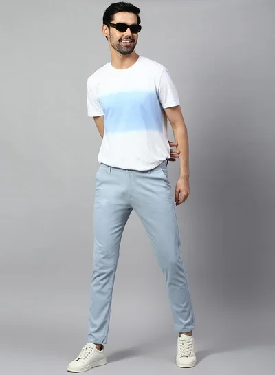 Dennis Lingo Men's Tapered Fit Light Blue Cotton Chinos - Mid-Rise, Full Length, Button & Zip Closure,
