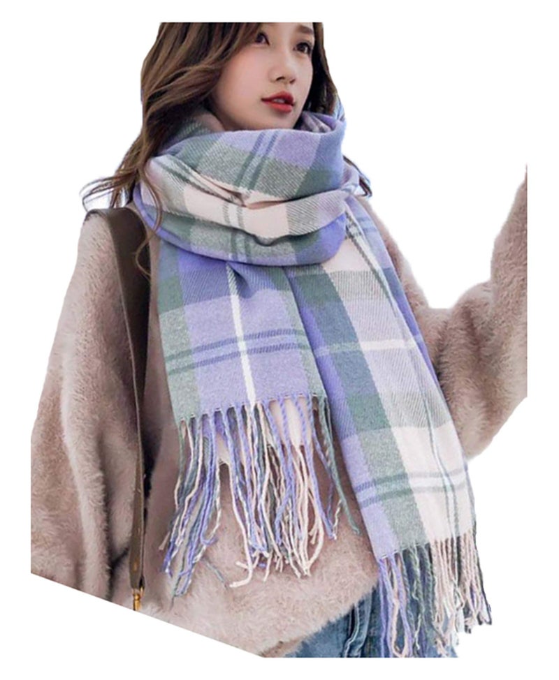 Wander Agio Women's Fashion Scarves Long Shawl Winter Thick Warm Knit Large Scarf Plaid Purple 14 - Image 1