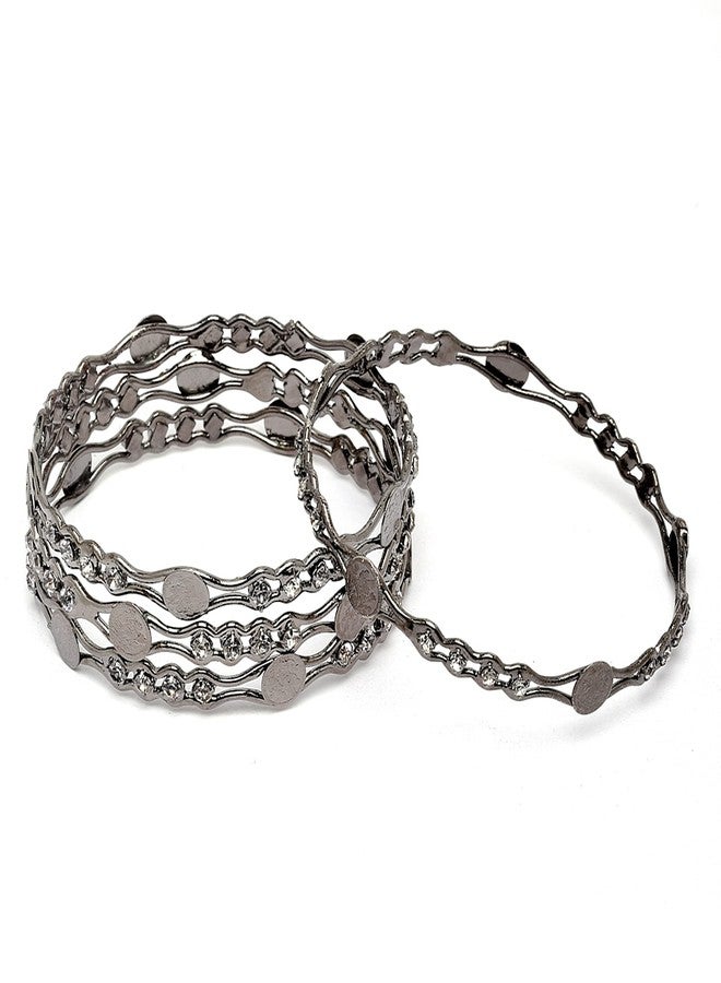 KENNICE Oxidised Silver-Plated Black Toned White AD studded Temple Coin Bangles Jewellery Set For Women & Girls - Image 2