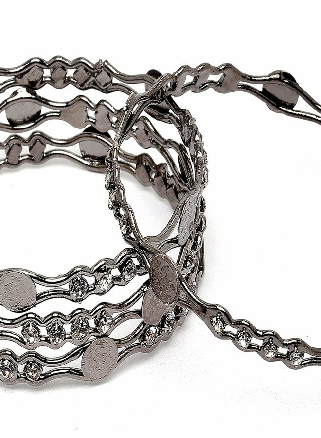 KENNICE Oxidised Silver-Plated Black Toned White AD studded Temple Coin Bangles Jewellery Set For Women & Girls - Image 3