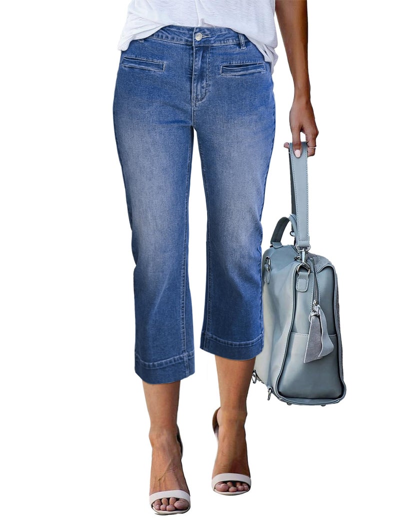 luvamia High Waisted Cropped Jeans for Women Denim Capris Womens Fashion Classic Medium Blue Stretchy Jean Capris for Women Size Medium Fits US 8-10 - Image 1