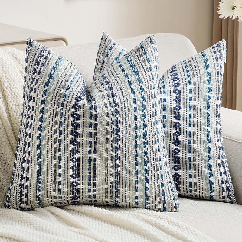 FUTEI Blue Grey Decorative Throw Pillow Covers 24x24 Inch Set of 2,Soft Cozy Chenille Jacquard Textured Euro Pillow Shams,Boho Home Decor for Couch Bed Living Room - Image 1