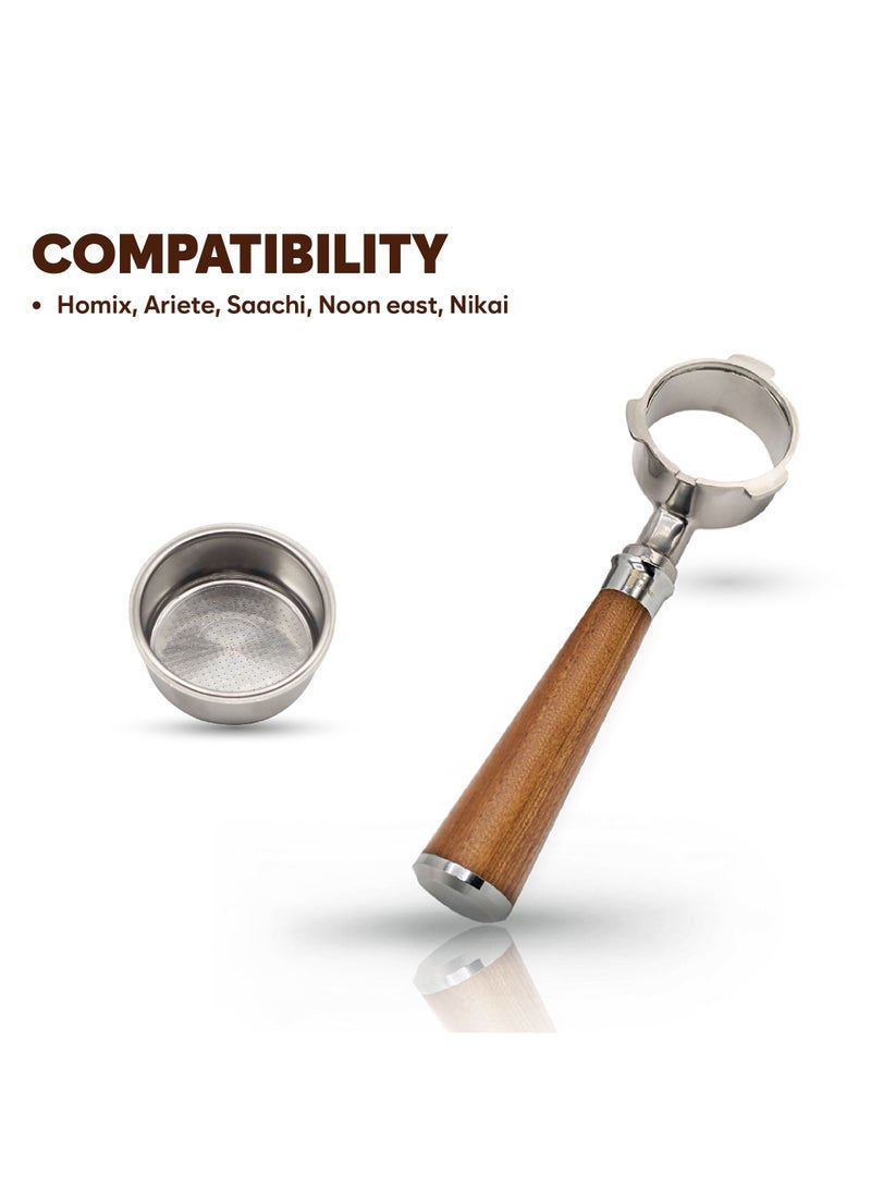 TEGRILO 51mm Bottomless Portafilter for Homix Edoolffe Saachi Geepas, Ariete Coffee Machines with Stainless Steel Replacement Filter Basket and Rosewood Handle - Image 2