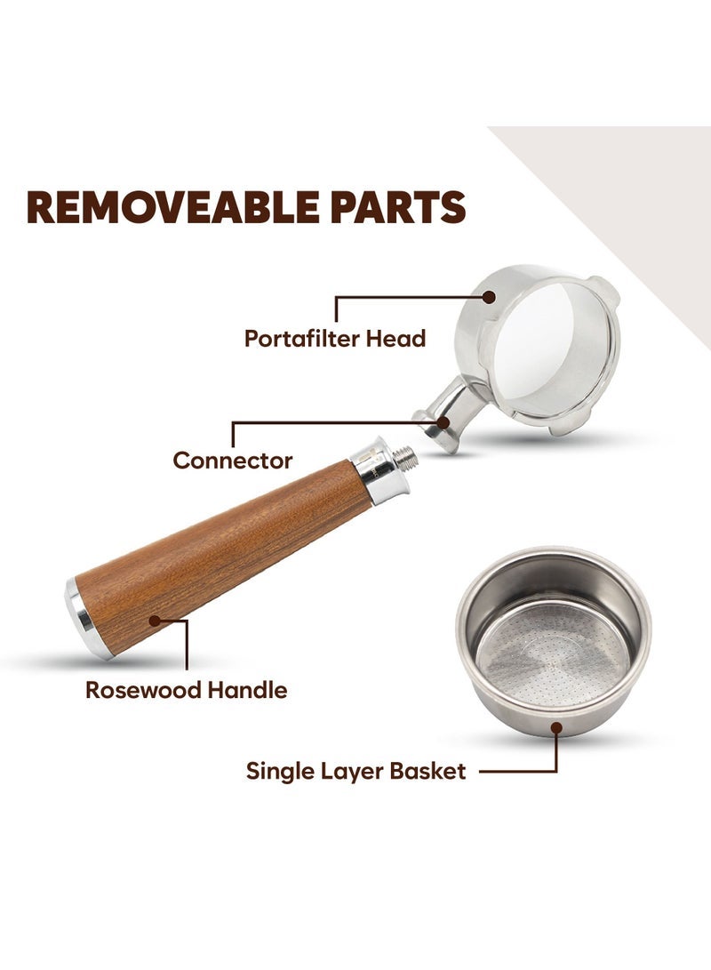 TEGRILO 51mm Bottomless Portafilter for Homix Edoolffe Saachi Geepas, Ariete Coffee Machines with Stainless Steel Replacement Filter Basket and Rosewood Handle - Image 5