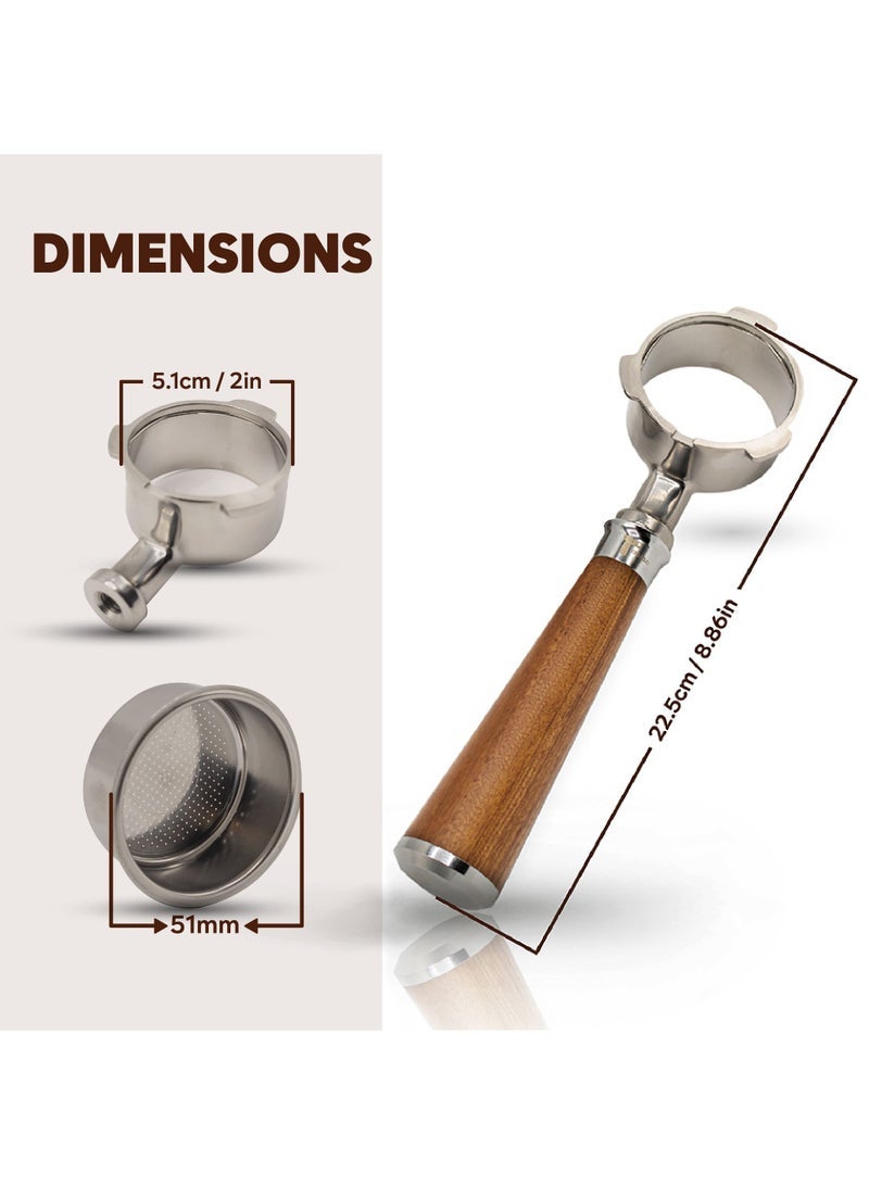 TEGRILO 51mm Bottomless Portafilter for Homix Edoolffe Saachi Geepas, Ariete Coffee Machines with Stainless Steel Replacement Filter Basket and Rosewood Handle - Image 3