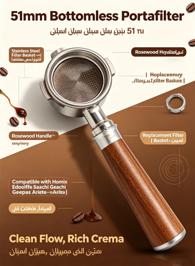 TEGRILO 51mm Bottomless Portafilter for Homix Edoolffe Saachi Geepas, Ariete Coffee Machines with Stainless Steel Replacement Filter Basket and Rosewood Handle - Image 1