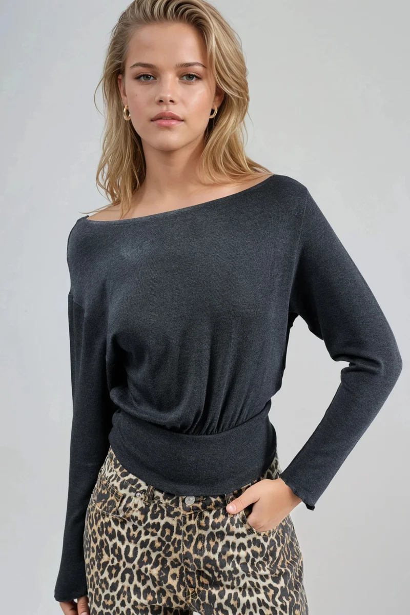 Busem BUSEM Boat Neck Long Sleeve Elastic Blouse