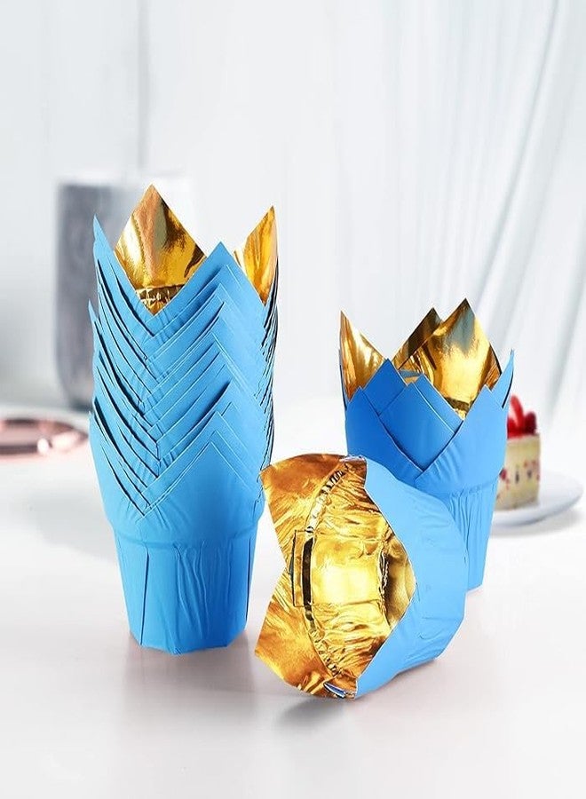 Deera Tulip Blue Outer and Gold Aluminum Inner Cupcake Liners/Muffin Paper Mould - Pack of 100 - Image 1