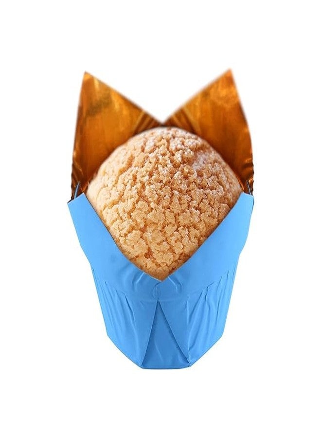 Deera Tulip Blue Outer and Gold Aluminum Inner Cupcake Liners/Muffin Paper Mould - Pack of 100 - Image 3