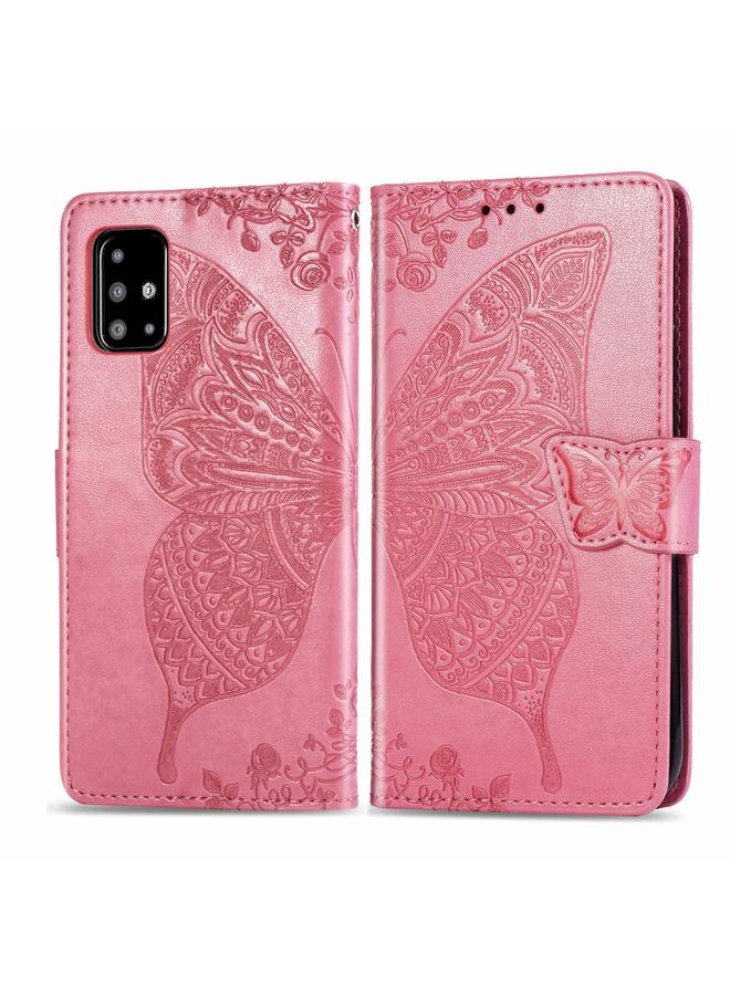اس-توب جراب لهاتف Galaxy A51 من الجلد المنقوش بنقشة زهرة الحب على شكل فراشة مع حامل / فتحة بطاقة / محفظة / حبل تعليق - Image 2