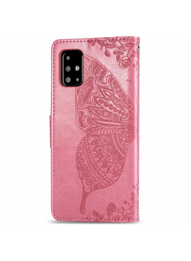 اس-توب جراب لهاتف Galaxy A51 من الجلد المنقوش بنقشة زهرة الحب على شكل فراشة مع حامل / فتحة بطاقة / محفظة / حبل تعليق - Image 4