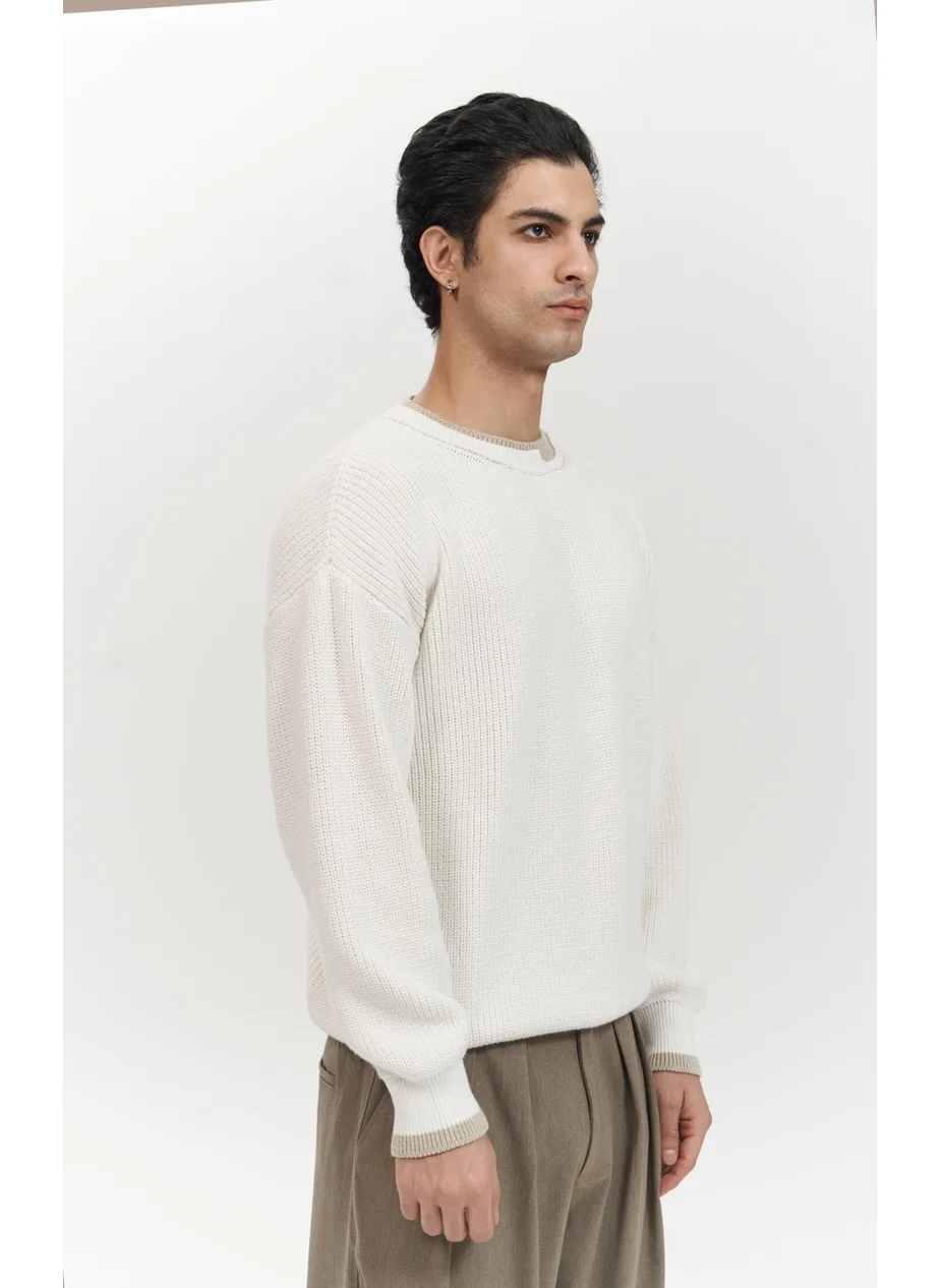 Mai Collection Carter Double Collar Detailed Ecru Men's Knitwear Sweater