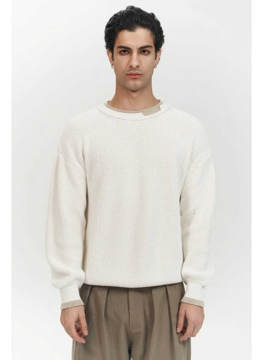 Mai Collection Carter Double Collar Detailed Ecru Men's Knitwear Sweater
