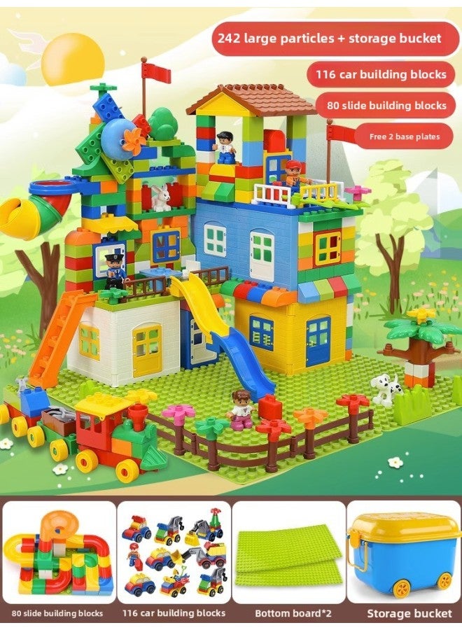 Variety Of Large Particles Building Blocks Assembled Children's Toys Slide Puzzle Boys And Girls Castle Slide Gift Puzzle Wholesale-Color:1036B [Barrel] 242 Large Particle Building Blocks +80 Slide +116 Car Bag +2 Bottom Plate  - Image 1