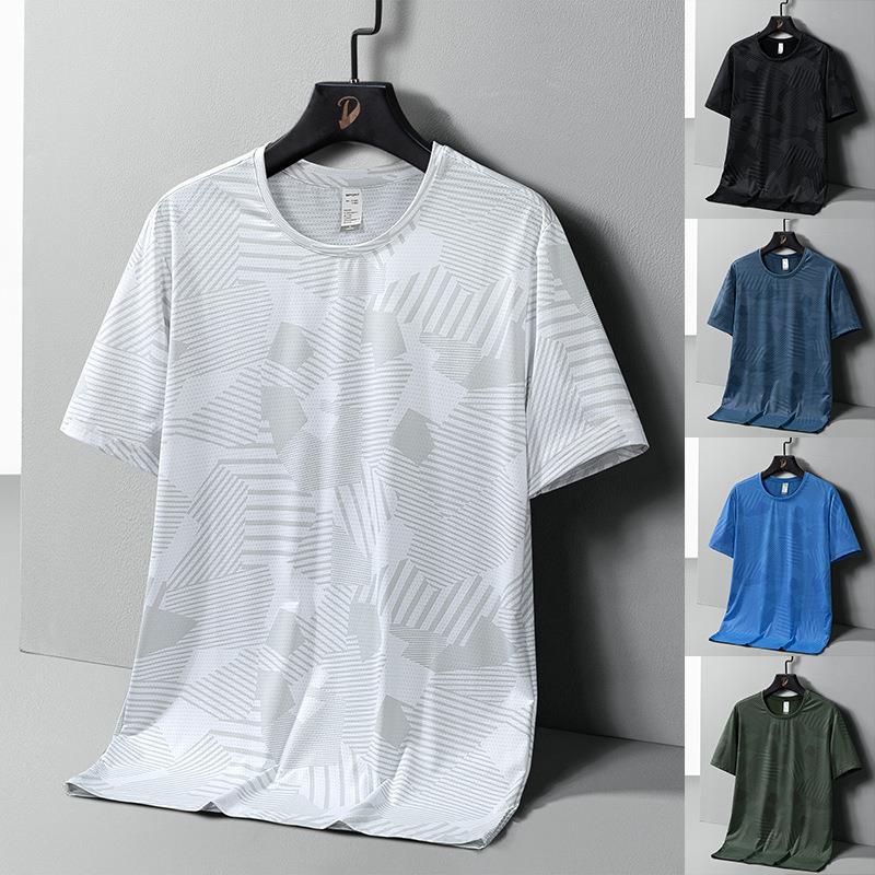 Men'S Printed High Elastic Ice Silk T-Shirt Summer Thin Breathable Sweat-Absorbent Half Sleeve Bottoming Shirt Plus Size Loose Short Sleeve - Image 2
