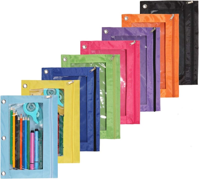 SdeFe Store Zippered Binder Fabric Pencil Pouch 3 Rings with Clear Window for School Classroom Organizers 8 Pack (Multicolor) - Image 1