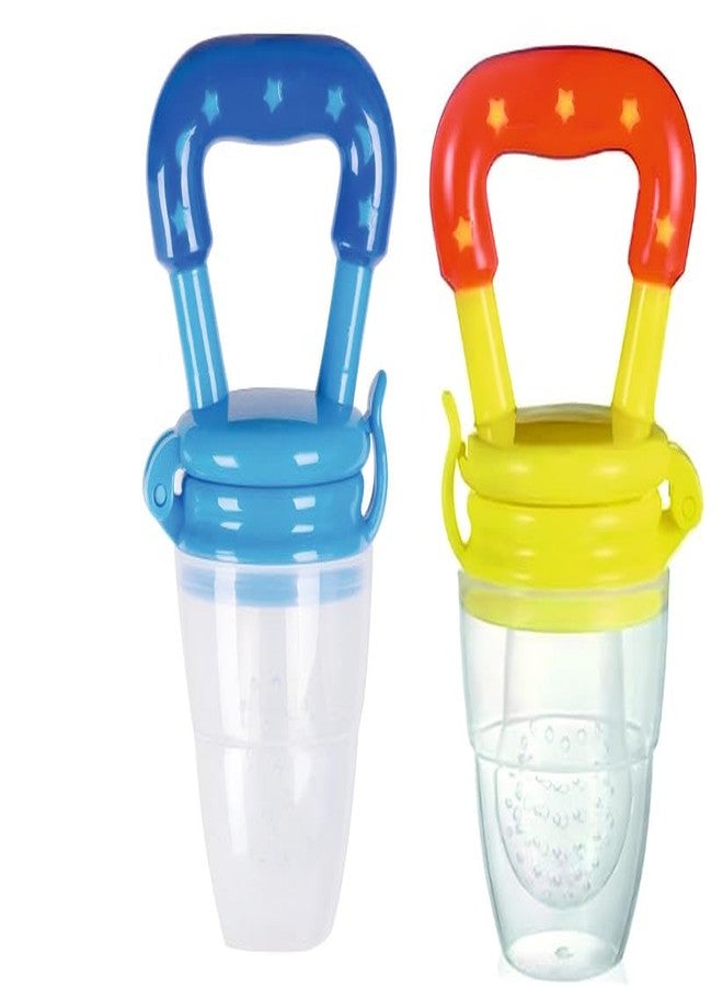 ROFORUF Silicone Fruit and Food Baby Feeder/Squeezer/Pacifier/Nibbler Feeder for Fruit and Veggie with Easy Grip Handle, Pacifier Feeder for New Born Baby 3-12 Months (Pack of 2) (Blue & Yellow) - Image 1