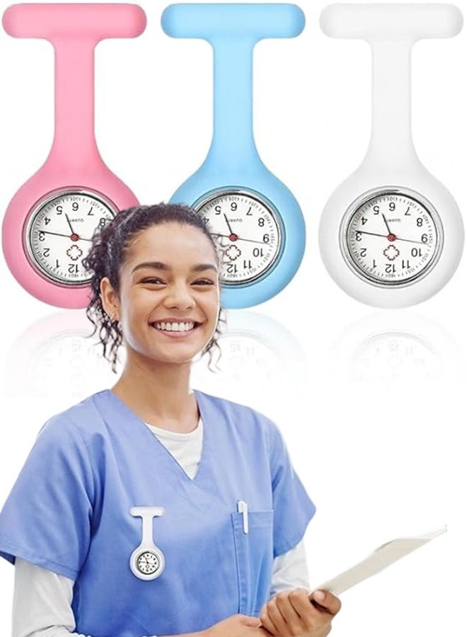 3 Pieces Nurse Watches, Pocket Watch with Pin/Clip, Medical Healthcare Silicone Brooch Watches, Easy to Carry for Nurses, Doctors, Paramedics (3 Colors with Sticker) - Image 1