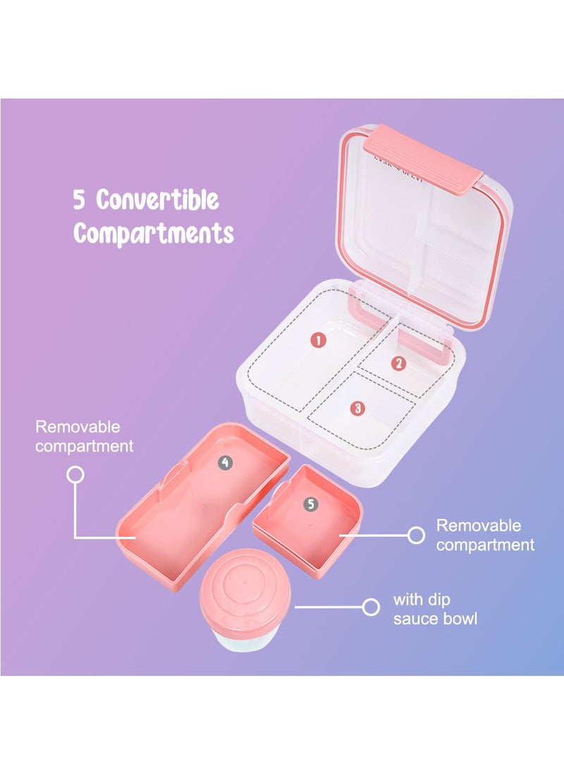 3/4/5 Compartment Convertible 1250ml Bento Lunch Box With 150ml Gravy Bowl - Pink