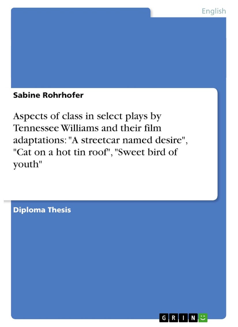 Grin Publishing Aspects of class in select plays by Tennessee Williams and their film adaptations: "A streetcar named desire", "Cat on a hot tin roof", "Sweet bird of youth" 