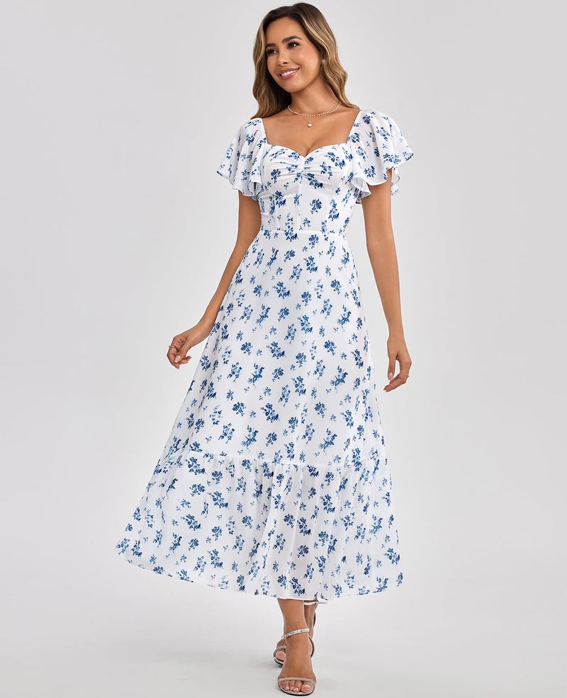 GLNEGE Women's 2026 Summer Midi Floral Boho Dresses Casual Flowy Beach Short Sleeve Dress Ruffle Hem Smocked Sundresses - Image 5
