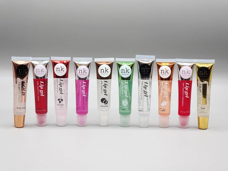 Nicka K New York 10 PACK nicka k New York Lip Gel with Vitamin E Gold Rose Gold Bubble Gum Cherry Strawberry Aloe Coconut Mango Rosehip  Clear 