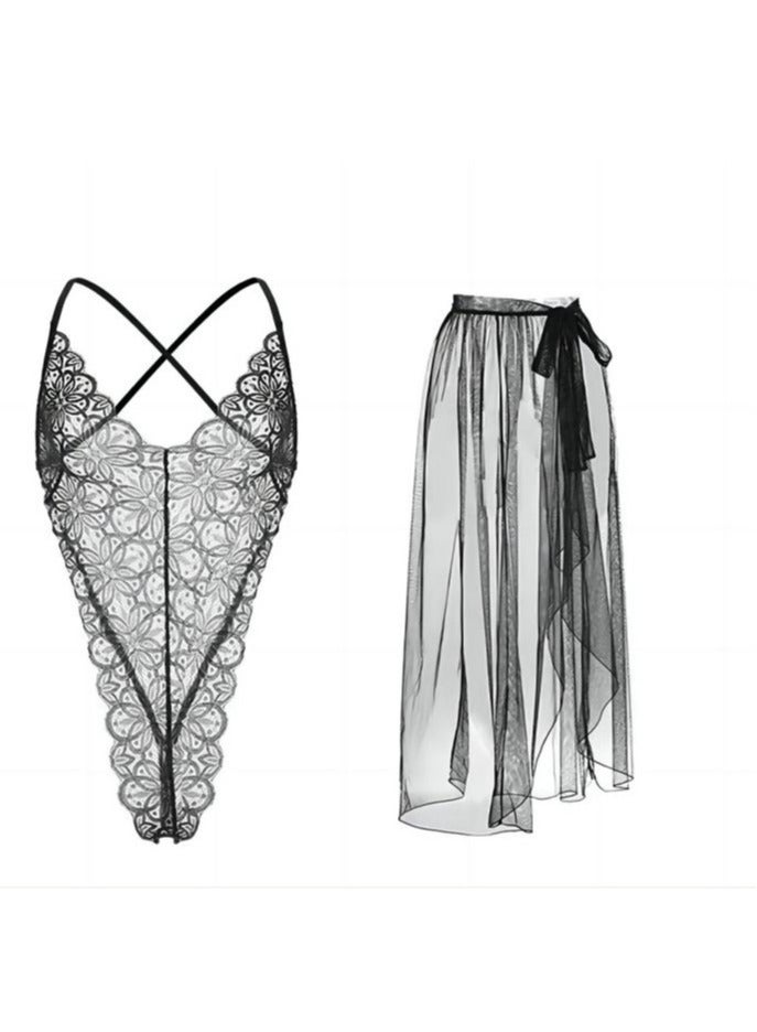 2-Piece Bobysuit Mesh Skirts Lace Lingerie Set  - Image 1