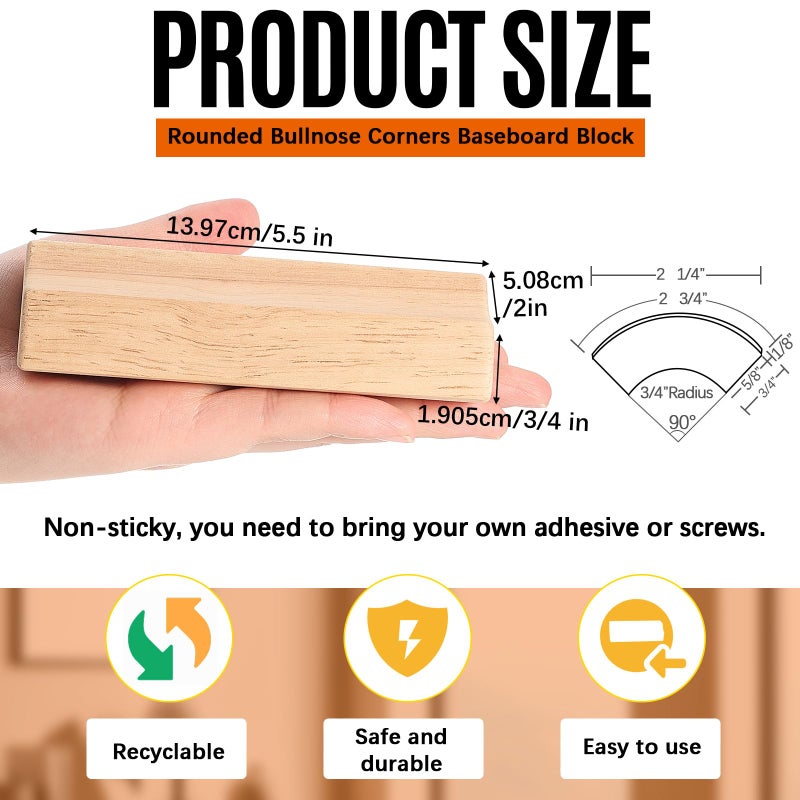 ReliThick 8 Pcs 5.5 x 3/4 Rounded Outside Bullnose Corner Non-Sticky Baseboard Molding and Trim Block Pine Baseboard Molding Trim Fits Standard for 3/4 Rounded Bullnose Corners - Image 2