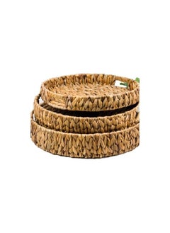 Spaceshoop Rattan Serving Tray with Handles Set of 3 Hand Woven Wicker Tray Rustic Decorative Tray for Breakfast Drinks Snack Bread for Coffee Table Bar Dinner Parties Kitchen Organizer Round 30-35-40  - Image 1