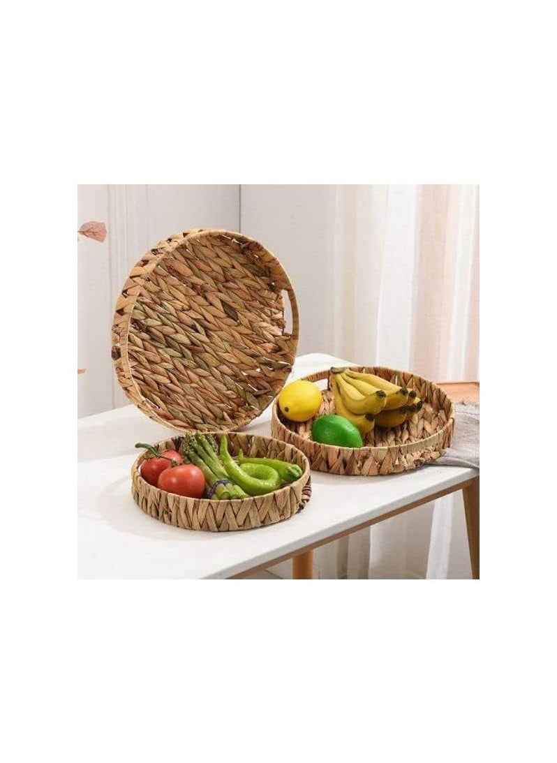 Spaceshoop Rattan Serving Tray with Handles Set of 3 Hand Woven Wicker Tray Rustic Decorative Tray for Breakfast Drinks Snack Bread for Coffee Table Bar Dinner Parties Kitchen Organizer Round 30-35-40  - Image 2