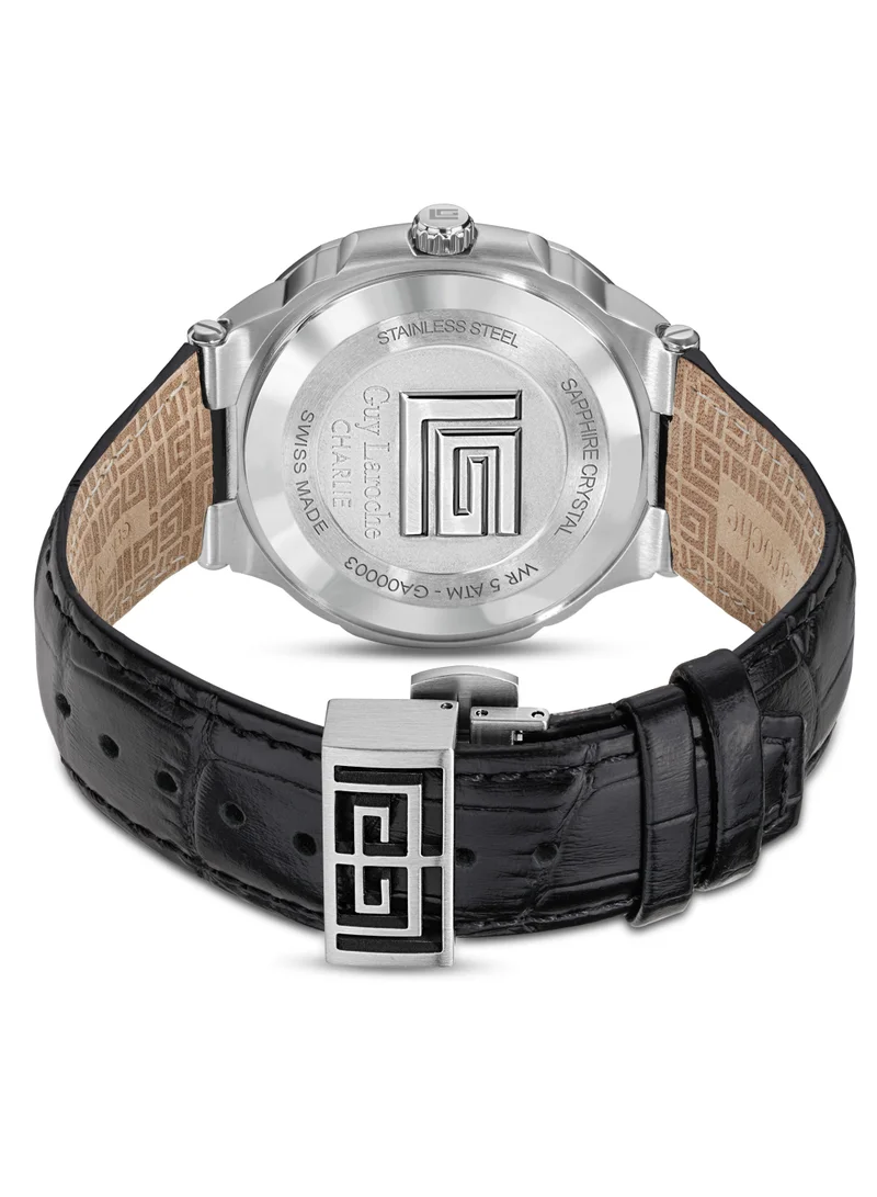 Guy Laroche Charlie Watch for Men with Black Genuine Leather Strap 45 mm 5 Atm