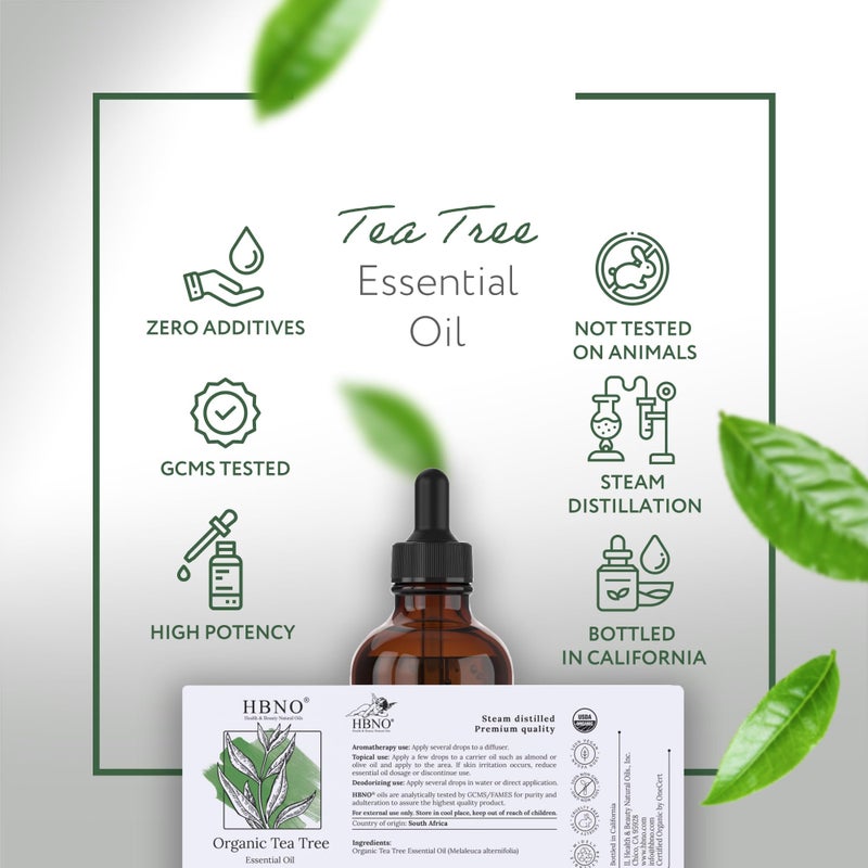 HBNO California Bottled Organic Tea Tree Oil for Skin & Hair - 4 fl oz (120ml) - USDA Certified Organic Tea Tree Oil for Aromatherapy - Image 4