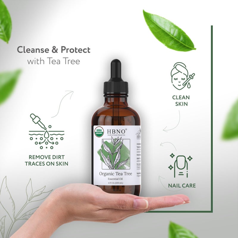 HBNO California Bottled Organic Tea Tree Oil for Skin & Hair - 4 fl oz (120ml) - USDA Certified Organic Tea Tree Oil for Aromatherapy - Image 2