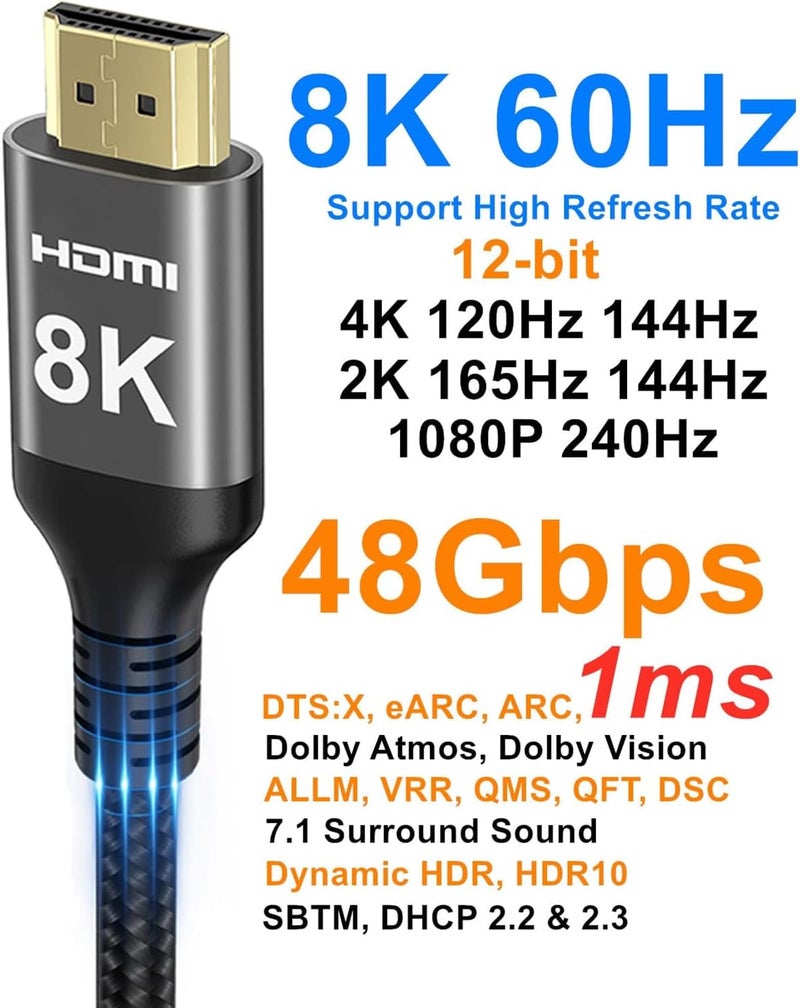 Ubluker كابل HDMI 2.1 بطول 10 أقدام بدقة 10k 8k 4k، معتمد بسرعة 48 جيجابت في الثانية وزمن استجابة 1 مللي ثانية، كابل HDMI فائق السرعة يدعم 4k بمعدل 120Hz و144Hz و10k 8k بمعدل 60Hz و4:4:4 و12 بت وeARC وARC وDTS:X وDolby Atmos وHDR10، متوافق مع سامسونج وسوني وإل جي وماك وPS5 وXbox - Image 2