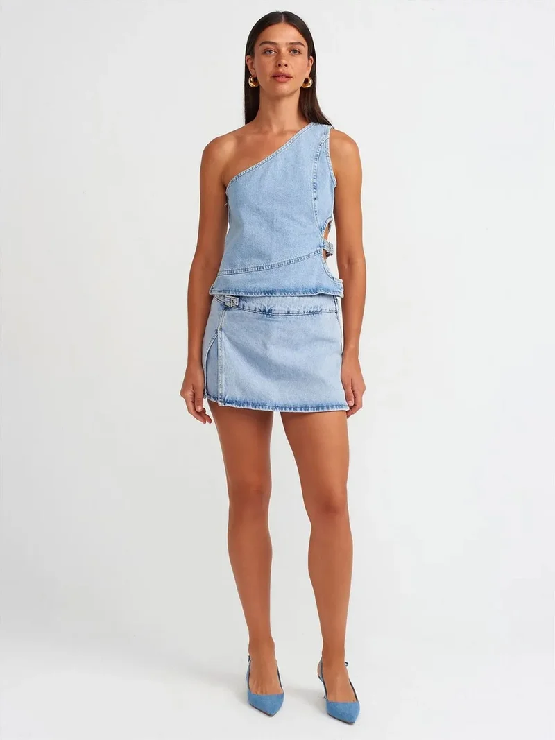ديلفين DILVIN Cotton Denim Mini A-Line Skirt