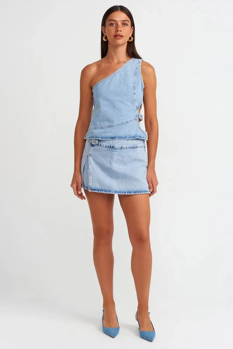 Dilvin Light Blue Denim DILVIN Cotton Denim Mini A-Line Skirt for Women | Best Price UAE