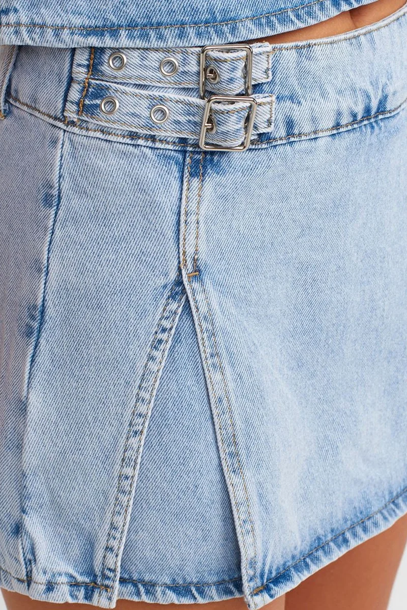 Dilvin Light Blue Denim DILVIN Cotton Denim Mini A-Line Skirt for Women | Best Price UAE