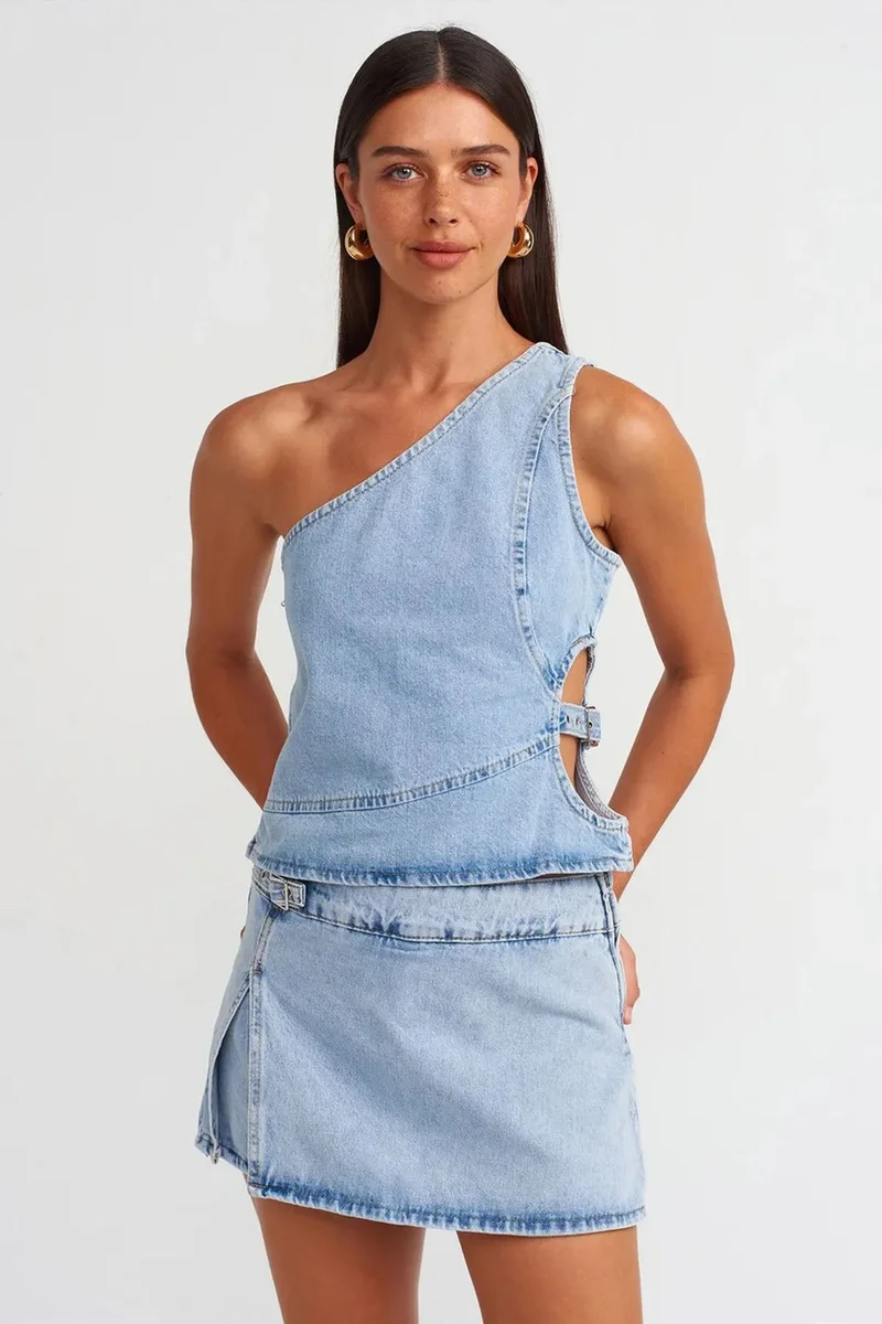 Dilvin Light Blue Denim DILVIN Cotton Denim Mini A-Line Skirt for Women | Best Price UAE