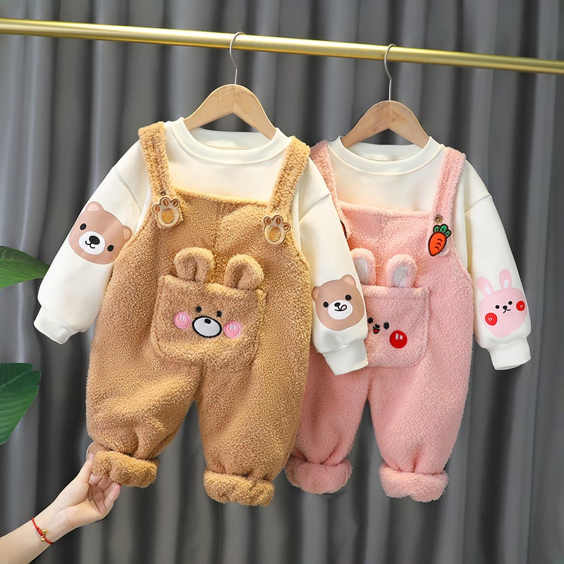 Children'S Long Sleeve Two-Piece Set For Boys And Girls Baby Plus Velvet Padded Cartoon Suspenders Two-Piece Set Hair Generation - Image 2