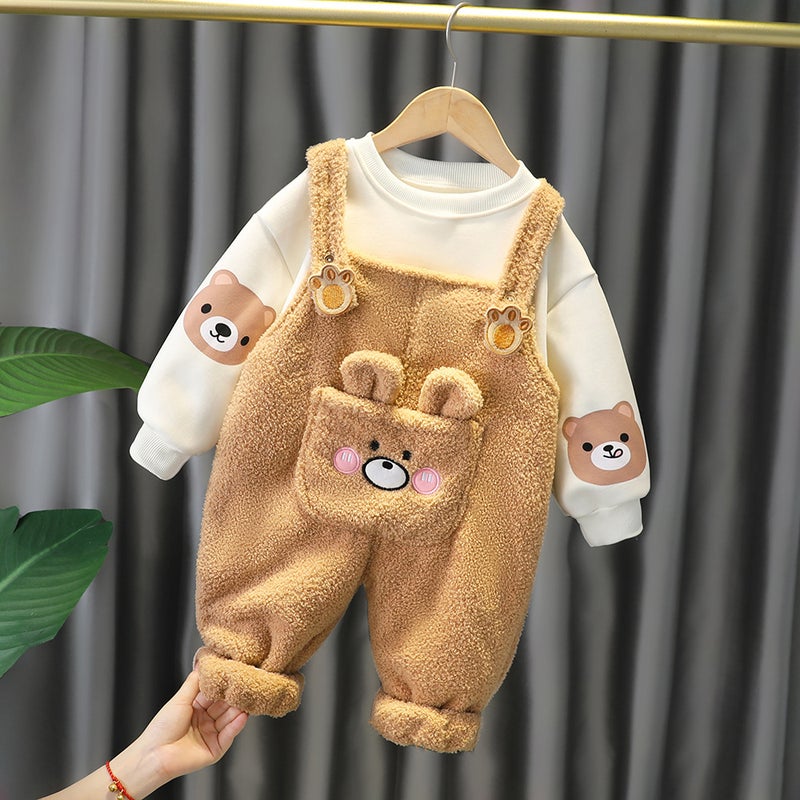 Children'S Long Sleeve Two-Piece Set For Boys And Girls Baby Plus Velvet Padded Cartoon Suspenders Two-Piece Set Hair Generation - Image 1