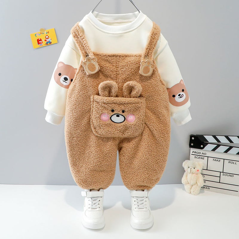 Children'S Long Sleeve Two-Piece Set For Boys And Girls Baby Plus Velvet Padded Cartoon Suspenders Two-Piece Set Hair Generation - Image 3