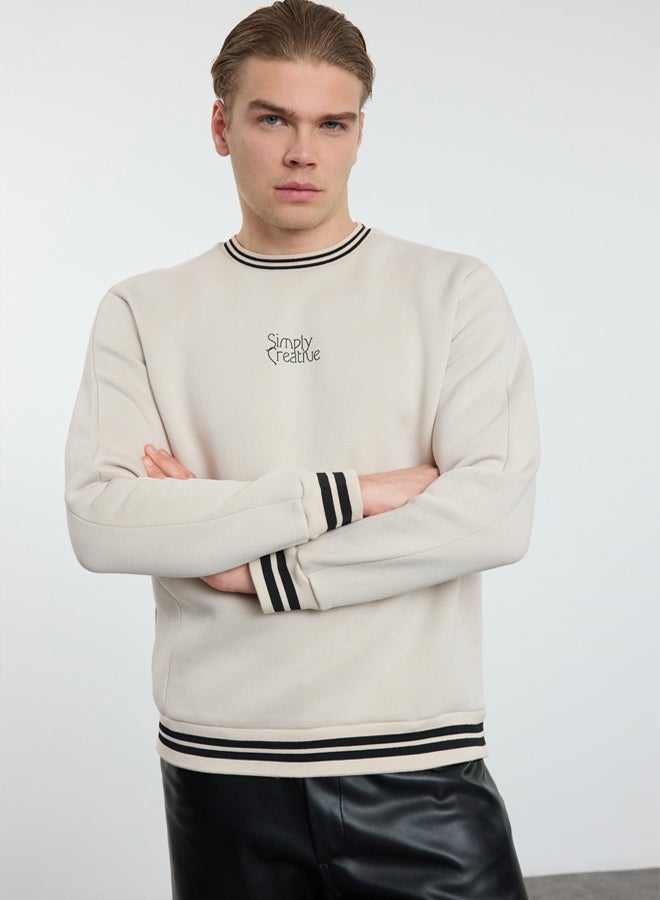 trendyol Ecru Regular/Normal Cut Collar Knitwear Band Detailed Text Printed Sweatshirt - Image 1