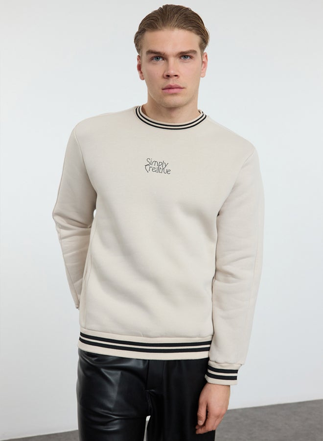 trendyol Ecru Regular/Normal Cut Collar Knitwear Band Detailed Text Printed Sweatshirt - Image 2