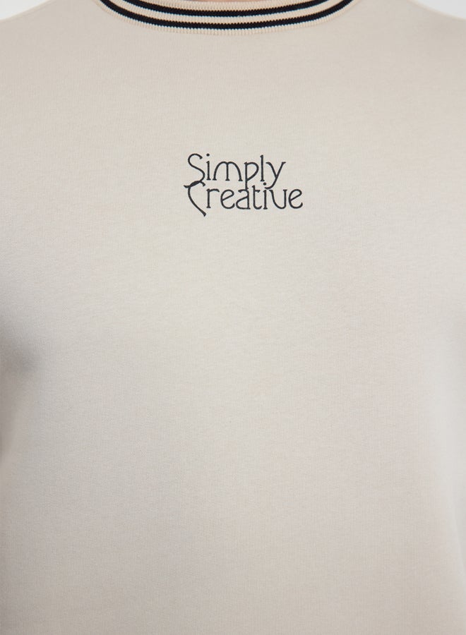 trendyol Ecru Regular/Normal Cut Collar Knitwear Band Detailed Text Printed Sweatshirt - Image 4