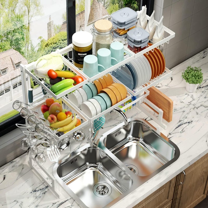 Pusdon 3 Tier Adjustable Stainless Steel Dish Drying Rack Over Sink (34in-45in)Sink Size 44in, White - Image 3