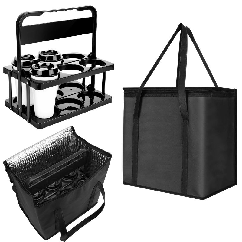 LEIFEOSH Reusable 6 Cup Drink Carrier with Handle and Insulated Bag for Hot and Cold Drink/Food, Foldable Plastic Cup Holder and Large Capacity Insulated Food Bag for Travel and Delivery, Black - Image 1