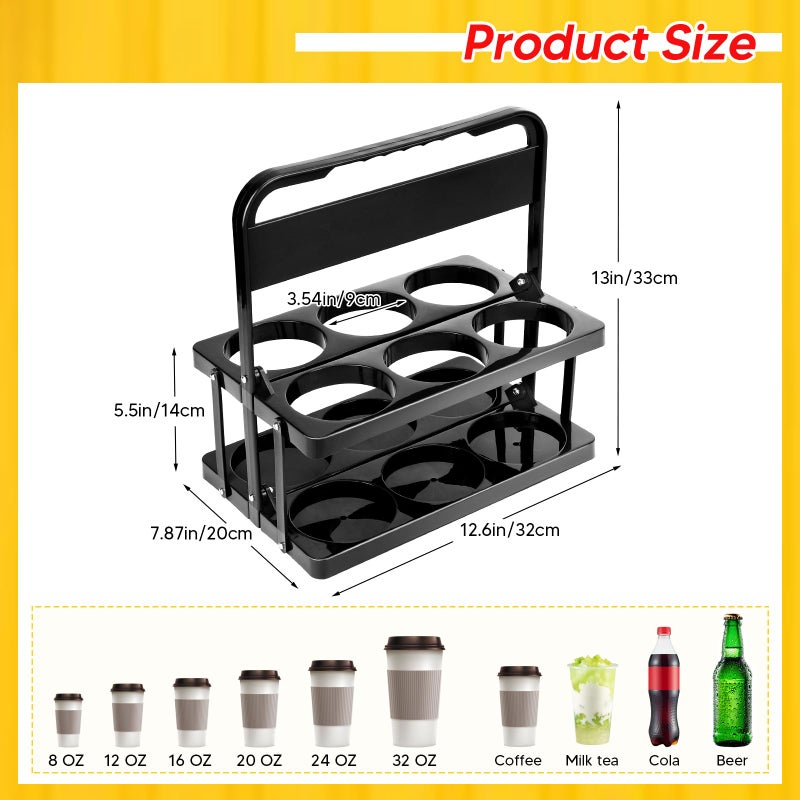LEIFEOSH Reusable 6 Cup Drink Carrier with Handle and Insulated Bag for Hot and Cold Drink/Food, Foldable Plastic Cup Holder and Large Capacity Insulated Food Bag for Travel and Delivery, Black - Image 2