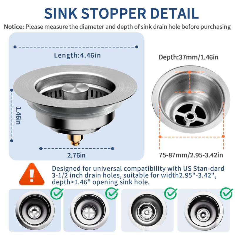 WERMARS 3-in-1 Kitchen Sink Drain Strainer - Pop Up Sink Stopper, Stainless Steel Sink Drain Strainer, Kitchen Sink Stopper & Drain Plug with Anti-Clogging Basket,Sink Strainer Fits US Standard 3-1/2'' Drains - Image 3